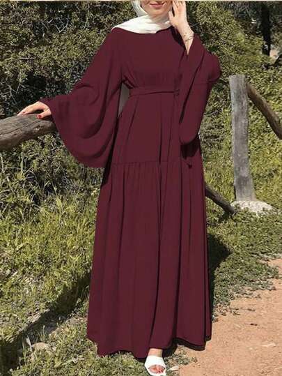 Women Plus Size Elegant Casual Kaftan Dress, Solid Color Dress Robe Patchwork With Belted Waist & Ruffle Hem, For Resort Wear