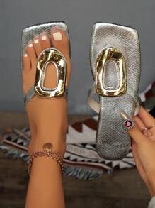 Women's Gold Decorated Flat Sandals, Outdoor Fashion Beach Slippers, Casual Style Ladies Sandals