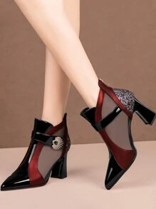 Women's Breathable Mesh High Heel Ankle Boots, Comfortable Chunky Heel Short Boots With Fashionable Back Zipper Design, Suitable For Outings, Parties Etc, All Season Wear