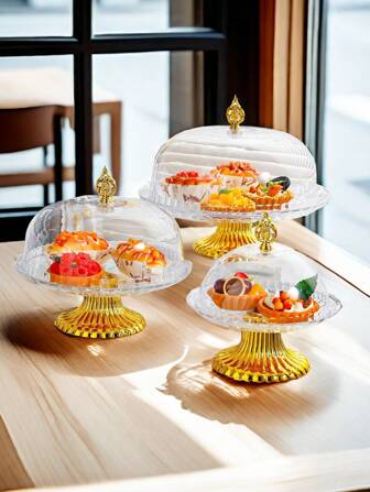 1pc Acrylic Cake Stand With Tray, Transparent Acrylic Handle Cover, Gold Color Base, Display Platter For Kitchen, Birthday Party, Wedding, Baking Gift,Kitchen,Christmas Gift