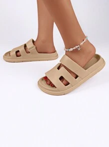 Women's Summer Strap Flat Slide Sandals Khaki Casual Beach Slippers