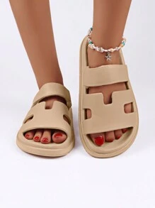 Women's Summer Strap Flat Slide Sandals Khaki Casual Beach Slippers
