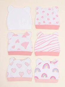 6pcs Pink Newborn Infant Cute Ear Design Warm Basic Beanies, Great Baby Shower Gift