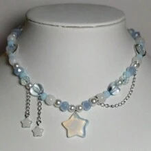 1 Vòng Cổ Choker Ngắn Đính Hạt Ngôi Sao Màu Xanh, Vòng Cổ Phong Cách Y2K Đính Hạt Mã Não Ngôi Sao - Xanh và trắng - Xem 1
