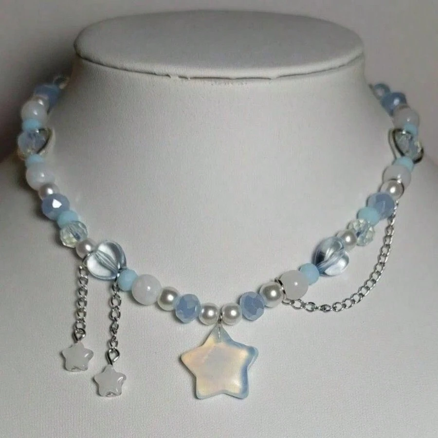 1 Vòng Cổ Choker Ngắn Đính Hạt Ngôi Sao Màu Xanh, Vòng Cổ Phong Cách Y2K Đính Hạt Mã Não Ngôi Sao - Xanh và trắng - Xem 1