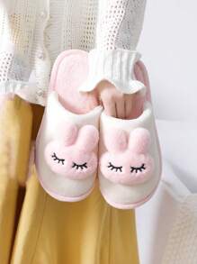 Chinelos internos antiderrapantes e grossos de pelúcia para mulheres, chinelos de quarto de coelho fofo e quente de inverno/outono em estilo cartoon e cores de doces, rosa/verde/cinza/café