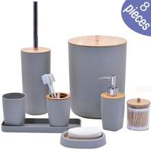 8 pièces, accessoires de salle de bain de luxe en plastique et bambou, distributeur de savon, porte-savon, porte-brosse de toilette, porte-brosse à dents, gobelet, plateau de vanité, distributeur de cotons-tiges, cadeau d'anniversaire, pendaison de crémaillère, Noël, coffret cadeau de vacances (blanc, noir et gris) Rentrée des classes