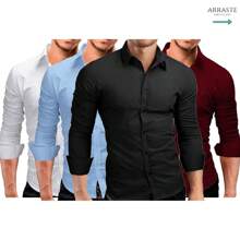 Kit 3 Long Sleeve Social Shirt Men's Cotton Social Shirt Slim Fit Social Blouse (Black White Wine) - 粉色 - 查看 1