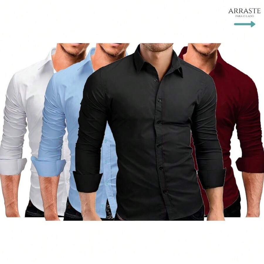 Kit 3 Long Sleeve Social Shirt Men's Cotton Social Shirt Slim Fit Social Blouse (Black White Wine) - 粉色 - 查看 1