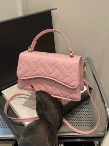 新款粉色女生纯色PU面料小方包手提包简约时尚外出洋气百搭潮流单肩包带可拆卸可调节肩带 - 粉色 - 查看 7