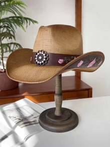 男女款西部牛仔帽复古刺绣花卉草编牛仔帽骑士帽户外登山遮阳帽（收到货后帽檐如果变形需要手动调整回去） - 彩色 - 查看 10