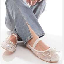 Rhinestone Mesh Ballerina Shoes Clear Crystal Tulle Bow Ballet Flats Shoes For Women Studded Gem Stretch Strap Mary Jane Flats Slip On Comfortable Dress Casual Shoes - White - View 1