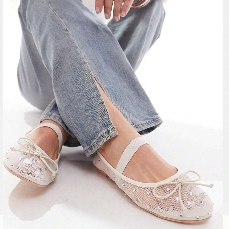 Rhinestone Mesh Ballerina Shoes Clear Crystal Tulle Bow Ballet Flats Shoes For Women Studded Gem Stretch Strap Mary Jane Flats Slip On Comfortable Dress Casual Shoes - White - View 1