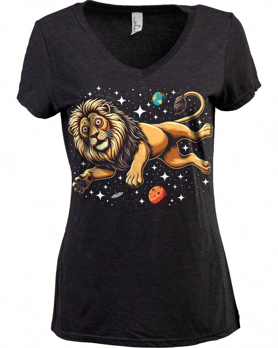 Too High Lion | Funny Crazy Sci Fi Outer Space Science Joke Mom Break Stress Relief V-Neck Tee For Women - Black - View 1