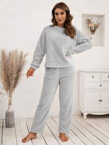 1 set Hanorac și pantaloni simpli de culoare uni pentru femei, căptușeală pufoasă, costum din două piese, pentru toamnă iarnă - Gri deschis - Vizualizare 4