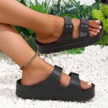 Womens Fashion Waterproof Beach Slide Comfortable Adjustable Double Buckle Sandals EVA Flat Shoes - 黑色 - 查看 3