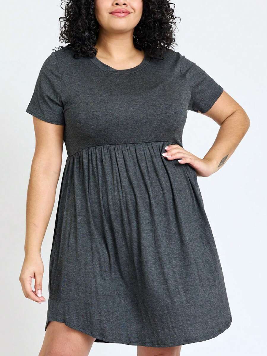 Boho Retro Solid Rayon Cool  Color Mini Dress Short Sleeves Grey Charcoal Olive Navy Small To 3XL Plus Curvy - Màu xám đen - Xem 1