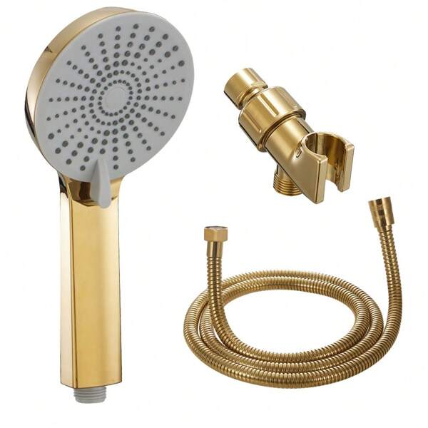 High-Pressure Handheld Shower Head Set With 3 Modes - Includes 59" Stainless Steel Hose & Wall Mount Bracket, Polished Finish, Enhances Low Water Pressure, Golden