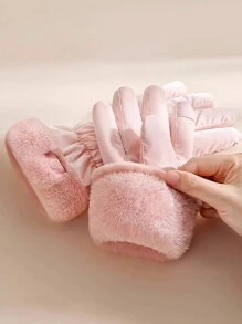 1 双女士冬季手套，保暖内衬，防水，保暖，防风，适合骑摩托车/骑自行车（毛绒颜色随机）