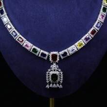 Conjunto de joyería para mujer, Collar de piedras preciosas de colores y conjunto de aretes, Cobre con circonia cúbica AAA, Conjunto de accesorios de moda de vestido de noche nupcial elegante y exagerado