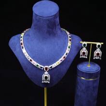 Conjunto de joyería para mujer, Collar de piedras preciosas de colores y conjunto de aretes, Cobre con circonia cúbica AAA, Conjunto de accesorios de moda de vestido de noche nupcial elegante y exagerado