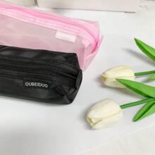 1pc Square Transparent Mesh Pencil Case, Simple And Clear, For Stationery Or Makeup Brush Storage - Black - View 8