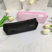 1pc Square Transparent Mesh Pencil Case, Simple And Clear, For Stationery Or Makeup Brush Storage - Black - View 9