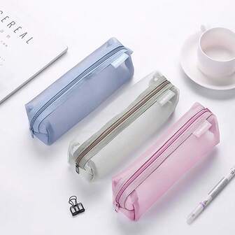 1pc Square Transparent Mesh Pencil Case, Simple And Clear, For Stationery Or Makeup Brush Storage
