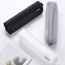 1pc Square Transparent Mesh Pencil Case, Simple And Clear, For Stationery Or Makeup Brush Storage - Black - View 2