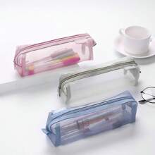 1pc Square Transparent Mesh Pencil Case, Simple And Clear, For Stationery Or Makeup Brush Storage - Black - View 4