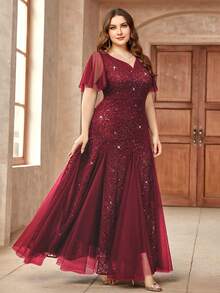 Plus Sequin Lace Sweetheart Neck Ruffle Sleeve Evening Party Dress, New Year Dress, Homecoming Dress, Elegant Formal Prom Wedding Guest Dress, For Graduation, Dinner, Birthday, Festivals - Red - View 7