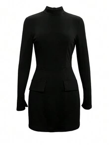 Women's Elegant Long Sleeve Fitted Solid Color Short Dress, Black Long Sleeve Dress For Spring And Autumn - Black - View 2