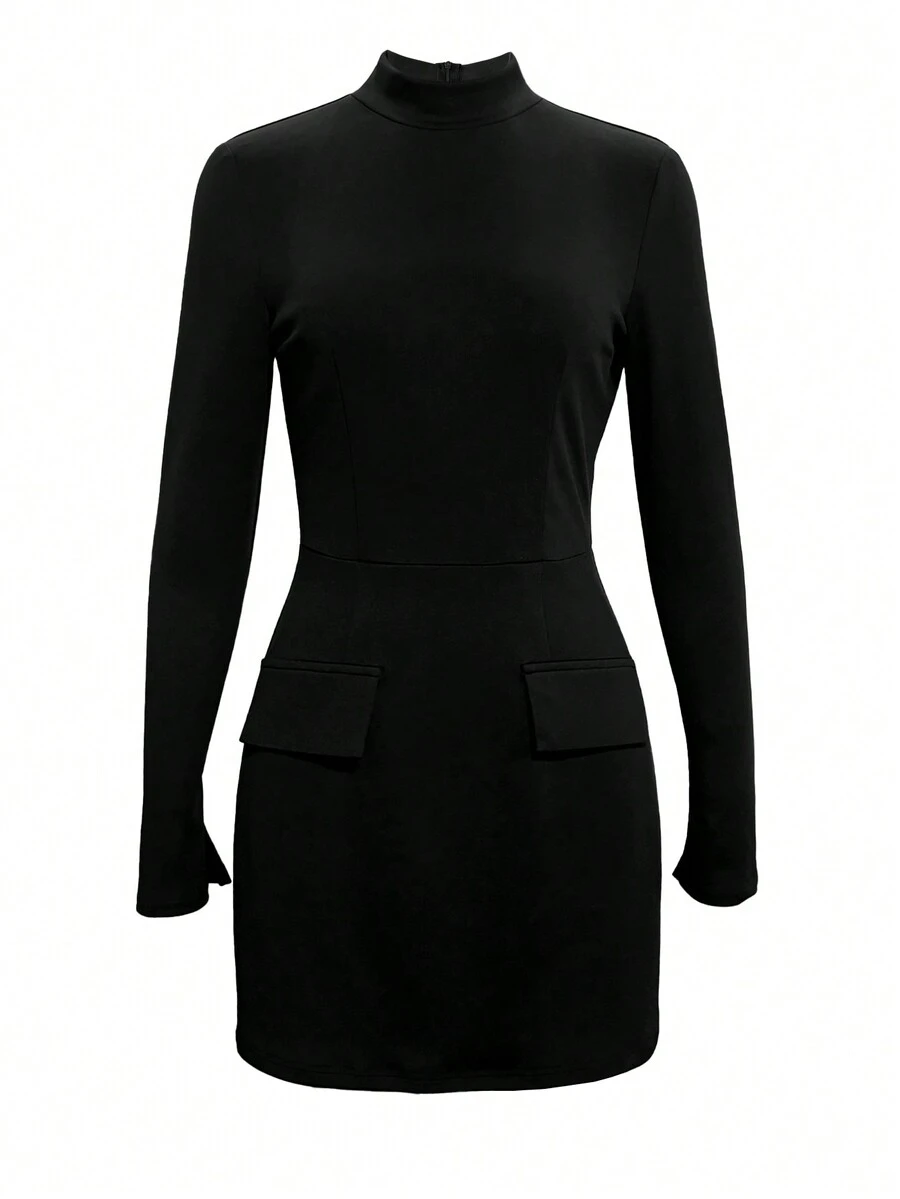 Women's Elegant Long Sleeve Fitted Solid Color Short Dress, Black Long Sleeve Dress For Spring And Autumn