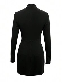 Women's Elegant Long Sleeve Fitted Solid Color Short Dress, Black Long Sleeve Dress For Spring And Autumn - Black - View 3