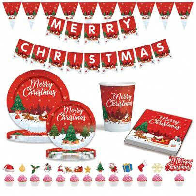 Christmas Decoration 117pcs/Set Merry Christmas Party Supplies, Including Paper Plates, Cups, Napkins, Banners, Flags With Santa Claus & Reindeer Designs, Christmas Tree & Santa Hat Cake Decorations,Christmas Serveware,Plates Christmas,Christmas Party Set