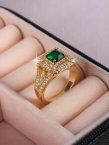 1pc Luxury Vintage Elegant Emerald Cut Cubic Zirconia Gold Color Ring, Gift For Men - Green - View 3