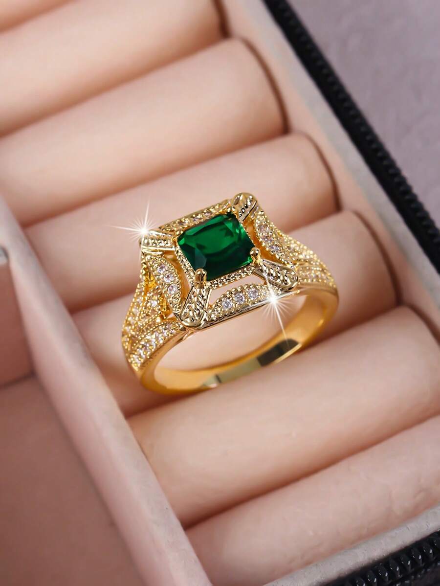 1pc Luxury Vintage Elegant Emerald Cut Cubic Zirconia Gold Color Ring, Gift For Men - Green - View 1