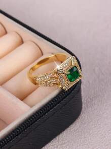1pc Luxury Vintage Elegant Emerald Cut Cubic Zirconia Gold Color Ring, Gift For Men - Green - View 4