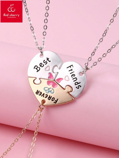 3 Pieces In A Set For Girls Puzzle Shape Zinc Alloy Color Oil Drop Matte Gold Matte Silver Electroplating Cute Necklace Set Suitable For Good Friends Daily Jewelry Gifts