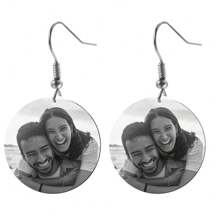 1 Pair Personalized Couples Couples Photo Round Stainless Steel Hoop Earrings, Custom Black & White Photo And Text On Back - Black - View 2