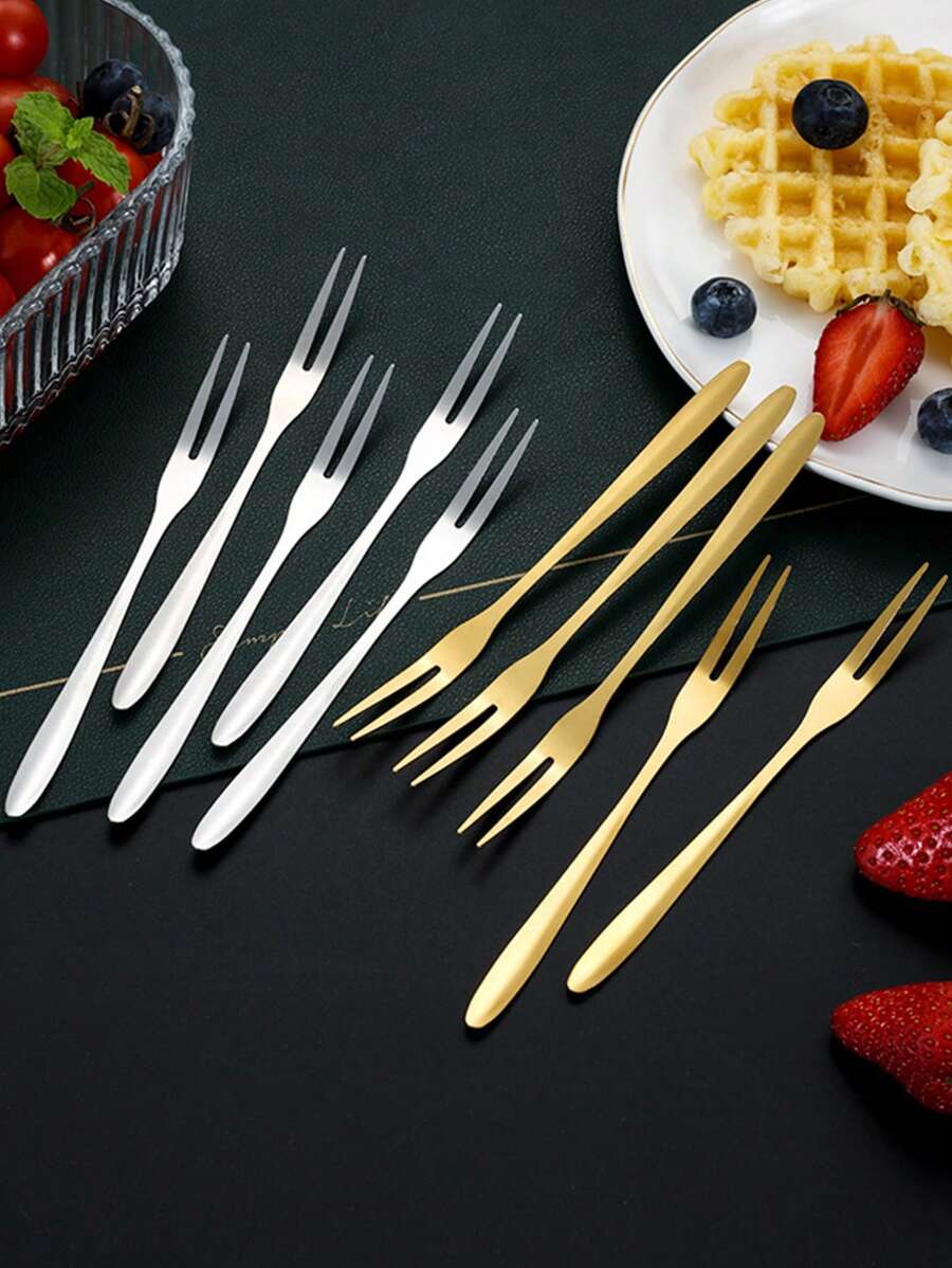 1pc/5pcs/10pcs Stainless Steel Fruit Fork, Dual-Prong Dessert Fork For Cake, Mooncake, Restaurant, Hotel