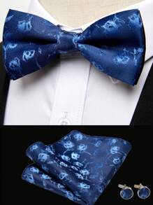 AlanKing 1set Men Fashion Floral Bow Tie, Handkerchief & Cufflinks Suit Accessories For Wedding & Business Occasion Men Necktie
