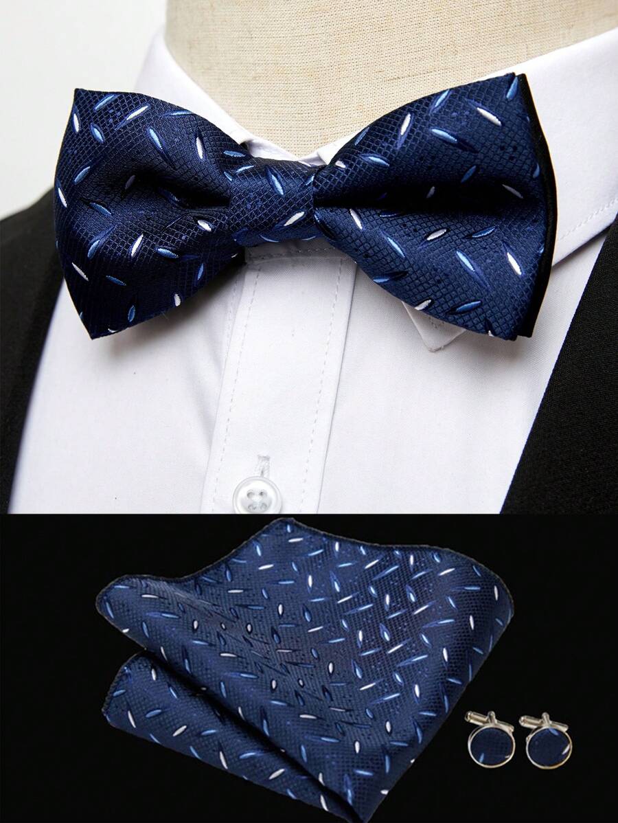 AlanKing 1set Men Fashion Floral Bow Tie, Handkerchief & Cufflinks Suit Accessories For Wedding & Business Occasion Men Necktie