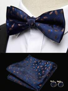 AlanKing 1set Men Fashion Floral Bow Tie, Handkerchief & Cufflinks Suit Accessories For Wedding & Business Occasion Men Necktie