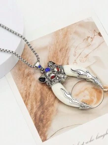 1 件男女通用狼牙吊坠项链，镶嵌獒犬黑狗牙，时尚复古长项链配饰，适合万圣节、音乐节、圣诞节、新年、情人节等节日佩戴 - 銀色 - 查看 1