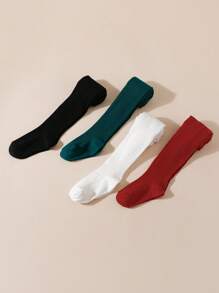 4 piezas Leggings/medias de niña a rayas verticales de unicolor, adecuado para uso diario