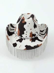 1 件女士豹纹水晶水滴流苏西部牛仔女帽适合派对、节日、休闲使用 - 卡其色 - 查看 2