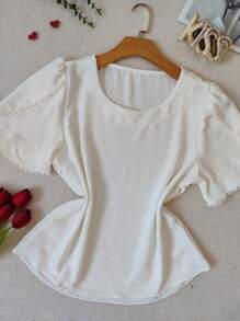 Women's Short Sleeve Blouse With Lace Duna Fabric - trắng - Xem 4