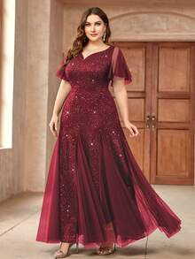 Plus Sequin Lace Sweetheart Neck Ruffle Sleeve Evening Party Dress, New Year Dress, Homecoming Dress, Elegant Formal Prom Wedding Guest Dress, For Graduation, Dinner, Birthday, Festivals - Red - View 6