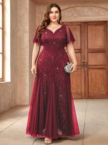 Plus Sequin Lace Sweetheart Neck Ruffle Sleeve Evening Party Dress, New Year Dress, Homecoming Dress, Elegant Formal Prom Wedding Guest Dress, For Graduation, Dinner, Birthday, Festivals - Red - View 4